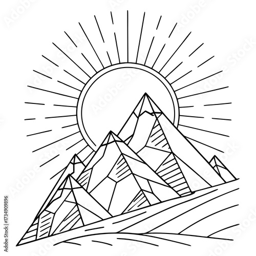 Geometric mountain landscape with radiant sunburst symbolizing adventure and nature s majestic beauty in a minimalist line art style