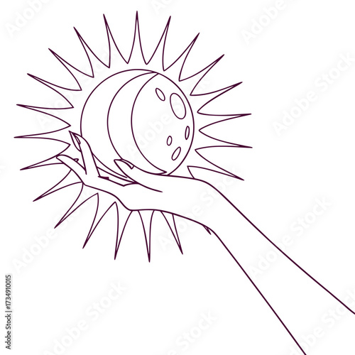 Mystical hand holding crescent moon and sun rays symbolizing cosmic balance and celestial magic