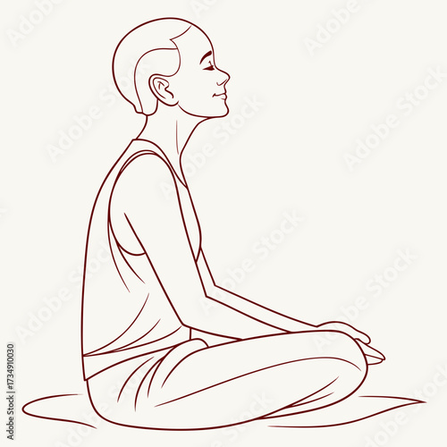 Serene bald person meditating peacefully in a cross legged yoga pose with eyes closed and a gentle smile
