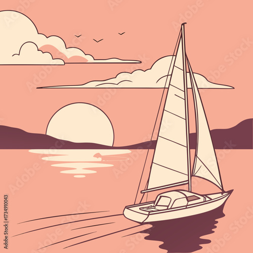 Serene sailboat glides across calm water at sunset with distant hills and fluffy clouds in a warm pastel sky