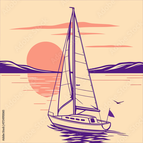 Serene sailboat gliding on calm water under a warm sunset with distant hills and a single bird flying