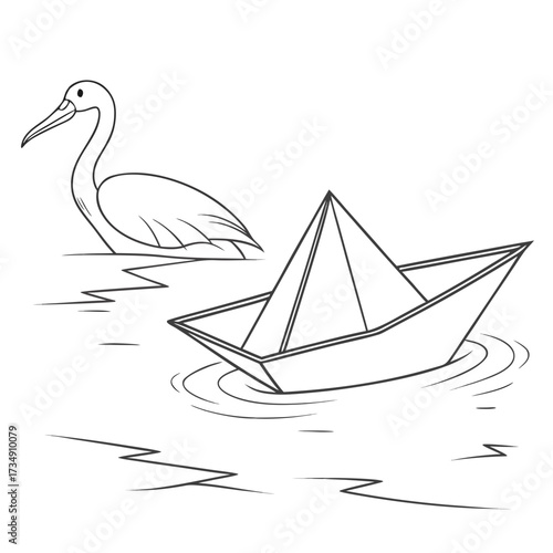 Simple outline drawing of a paper boat floating on water with a bird standing nearby in a calm natural environment