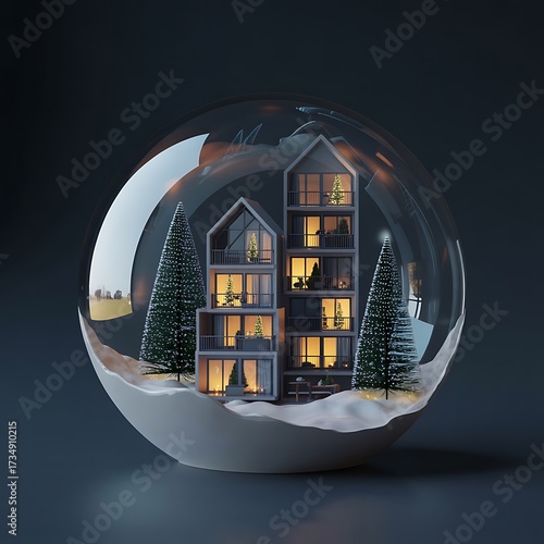 Cozy modern homes nestled in a festive snow globe, evoking winter warmth and holiday cheer.