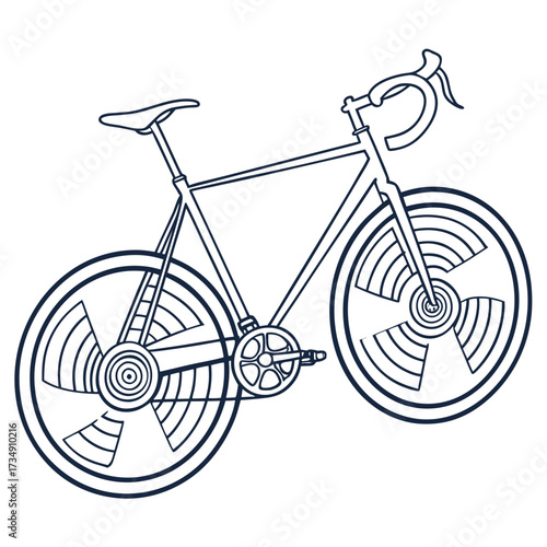 Stylized outline drawing of a racing bicycle with unique disc wheels and drop handlebars on a white background