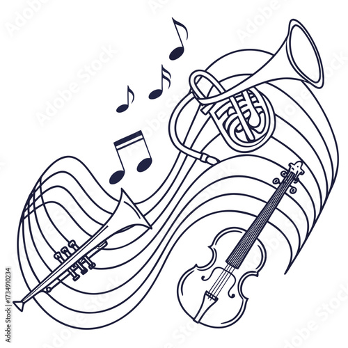 Stylized outline illustration of a violin trumpet french horn and music notes flowing on abstract musical staff lines