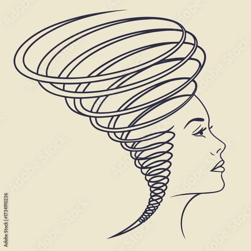 Stylized profile of a woman with swirling hair resembling a tornado or vortex in a minimalist line art style
