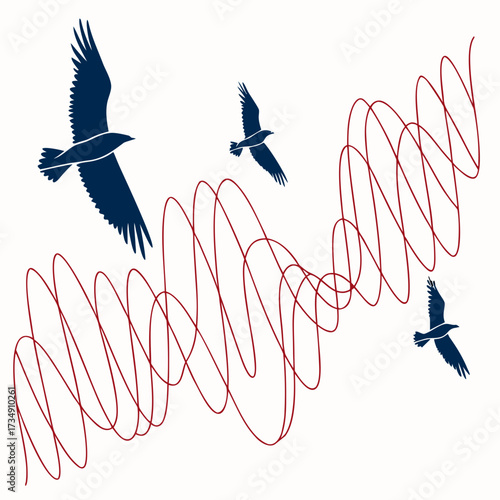 Three dark blue bird silhouettes flying in formation through a swirling red abstract line pattern on a white background