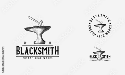 Hand drawn Blacksmith anvil badge vintage logo. Iron works, metal works retro hipster logo