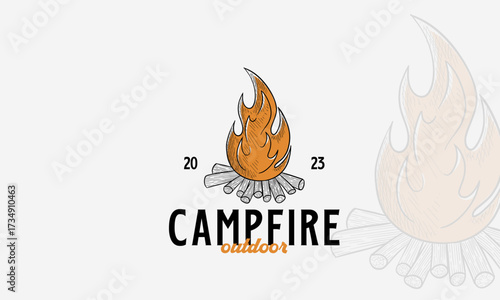Bonfire Camping Hand Drawn logo template, Bonfire sketch hand drawn engraving style Vector illustration