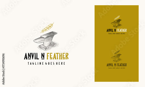 Quill and Forge Logo template designs, Anvil and feather Hand Drawn Vintage logo template