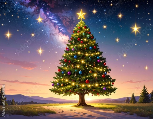 Christmas tree under a starry night sky