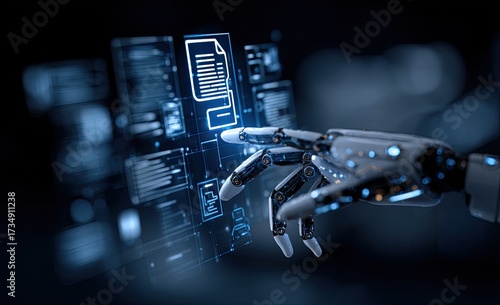 Robotic hand interacts with a digital document interface.  A futuristic robotic arm, light gray and metallic, touches a glowing document icon on a complex interface of digital information