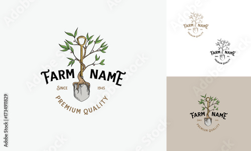 shovel garden logo vector vintage illustration template, Vintage Retro Hand Draw Sketch Scoop Gardening logo template vector, Farming and agriculture logo