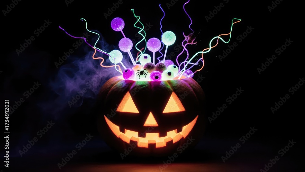 Fototapeta premium Neon Candy Explosion from Pumpkin on Black for Night Halloween Events