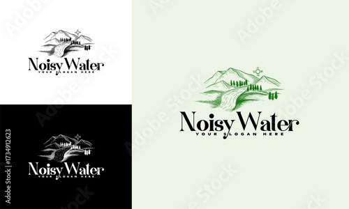 Hand drawn logo of mountain with waterfall vector template, Hand drawn Nature Wonder logo template