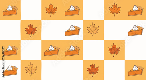 A charming checkered pattern background featuring stylized pumpkin pie slices with whipped cream and vibrant autumn maple leaves