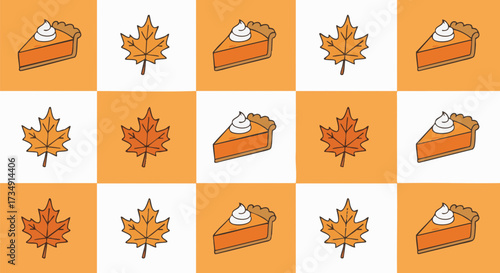 A charming seamless pattern features cute cartoon pumpkin pie slices with whipped cream and autumnal maple leaves