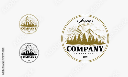 Sketch of a mountains with fir forest, engraving style, hand drawn vector illustration
