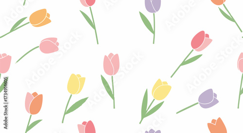 A cheerful seamless pattern featuring simple, stylized tulips in pastel shades of pink, yellow, orange, and purple against a clean white background