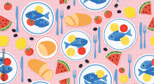 A cheerful seamless pattern of a summer picnic or al fresco meal. This vibrant illustration features plates of fish with lemon and tomatoes