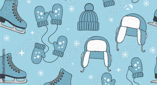A cheerful winter pattern featuring ice skates, mittens, and hats in various styles. Snowflakes and stars add a festive, cold-weather theme
