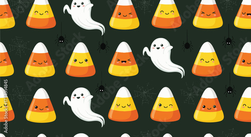 A fun and spooky seamless pattern featuring cute cartoon candy corn characters and playful ghosts on a dark background