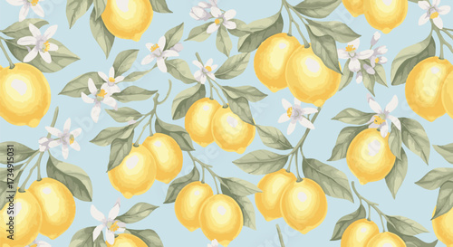 A repeating pattern of bright yellow lemons and delicate white blossoms on a soft blue background, evoking a fresh and vibrant summery feel