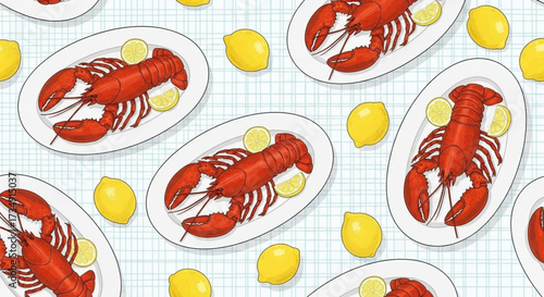 Lobster Plates with Lemon Slices in a Vibrant Kitchen Setting