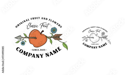 Apple with arrow engraving. Arrow-pierced apples target vintage hand drawn success concept for sport love business tattoo vector illustration