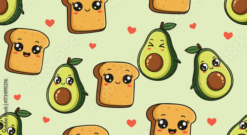 A seamless pattern of cute, anthropomorphic avocados and toast slices with kawaii faces and small red hearts on a pastel green background