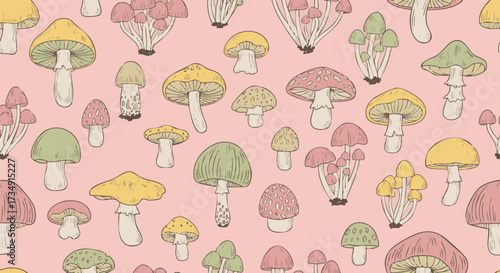 A seamless pattern of colorful, hand-drawn mushrooms on a pink background
