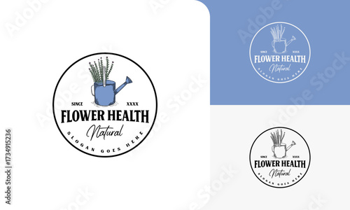 Vintage elegant garden logo, gardening vector with watering can and growing plant concept