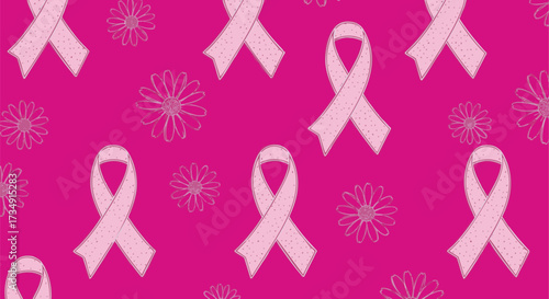 A seamless pattern of pink breast cancer awareness ribbons and stylized flowers on a vibrant magenta background