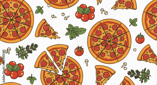 A vibrant, cartoon seamless pattern features delicious pepperoni pizzas, slices, fresh tomatoes, and basil