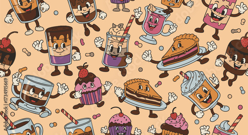 A whimsical pattern of retro cartoon sweets and drinks creates a fun, nostalgic vibe