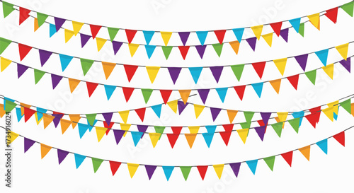Brightly colored triangular pennant flags strung on black cords, creating a festive and celebratory atmosphere against a clean white background