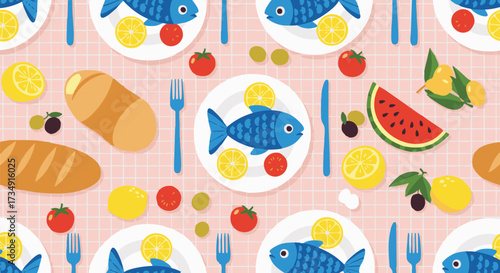 Cartoon food illustration on pink checkered pattern. Cute seafood lunch scene with fish, lemon, tomato, bread, and watermelon on picnic blanket