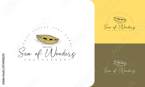 vintage hand drawn boat logo, Sea of wonder logo template