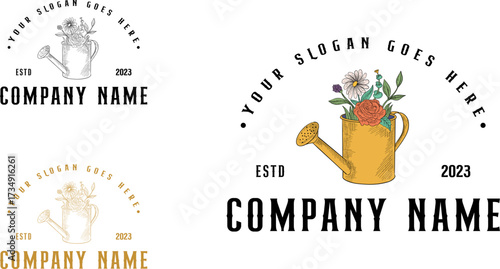 Vintage elegant garden logo, gardening vector with watering can and growing plant concept