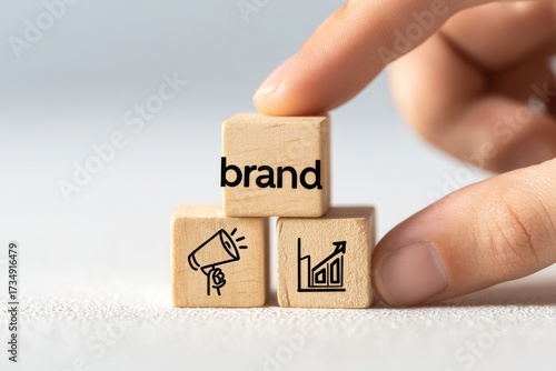 A hand places a wooden block onto a stack of blocks, each featuring symbols of brand promotion and growth