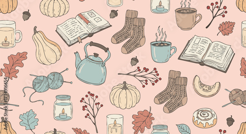 Cozy autumn themed seamless pattern illustration. Includes pumpkins, open books, knitted socks, candles, mugs of tea or coffee, and fall foliage