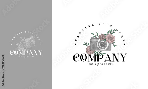 Camera with flower illustration for photography logo, hand drawn vintage Photography logo