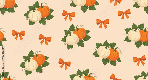 Cozy autumnal seamless pattern featuring cute cartoon illustrations of orange and white harvest pumpkins with green foliage and festive ribbon bows