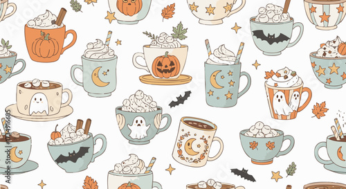 Cozy Halloween-themed seamless pattern of coffee mugs. Decorated with ghosts, pumpkins, bats, autumn leaves, and stars