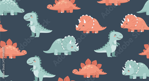 Cute dinosaur seamless pattern on a dark blue background. Adorable cartoon dinosaurs with smiling faces create a playful design