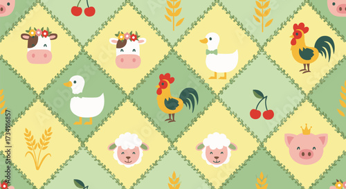 Cute farm animals seamless pattern vector background