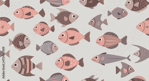 Cute seamless pattern featuring a variety of cartoon fish swimming on a soft, pale background