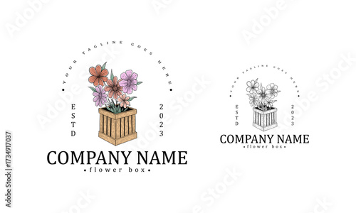 Garden box logo with flower out of the box in hand drawn vintage style. suitable for floral and delivery business