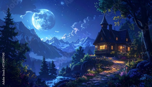 A charming little house nestled on a hillside trail, bathed in moonlight, sits serenely among snow-capped mountains under a large, luminous full moon.