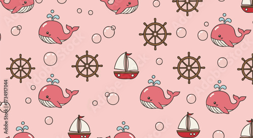 Cute seamless pattern featuring cartoon pink whales spouting water, nautical steering wheels, and small sailboats floating on a pastel pink background